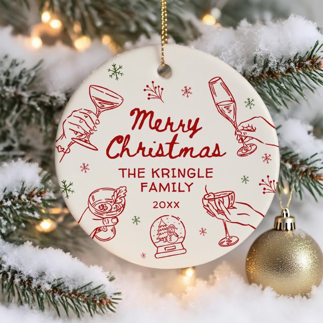 Whimsical Hand Drawn Christmas Party  Julgransprydnad Keramik (Skapare uppladdad)