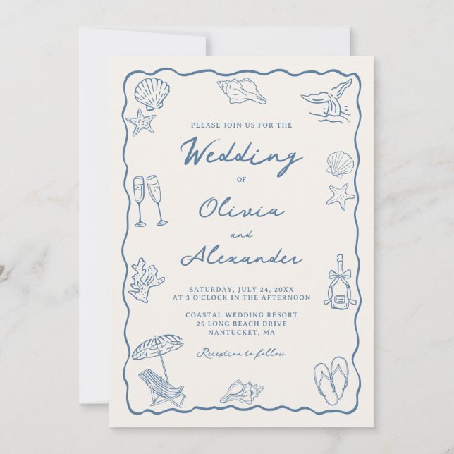 Whimsical Hand Drawn Coastal Beach Wedding Inbjudningar (Framsida)