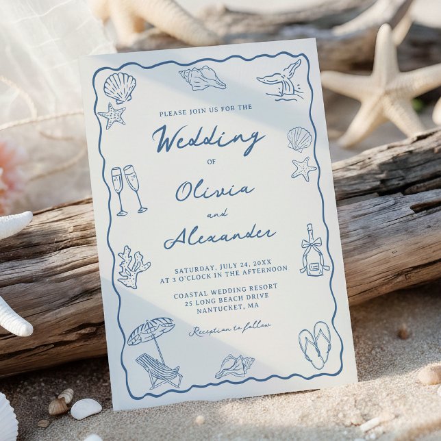 Whimsical Hand Drawn Coastal Beach Wedding Inbjudningar (Skapare uppladdad)