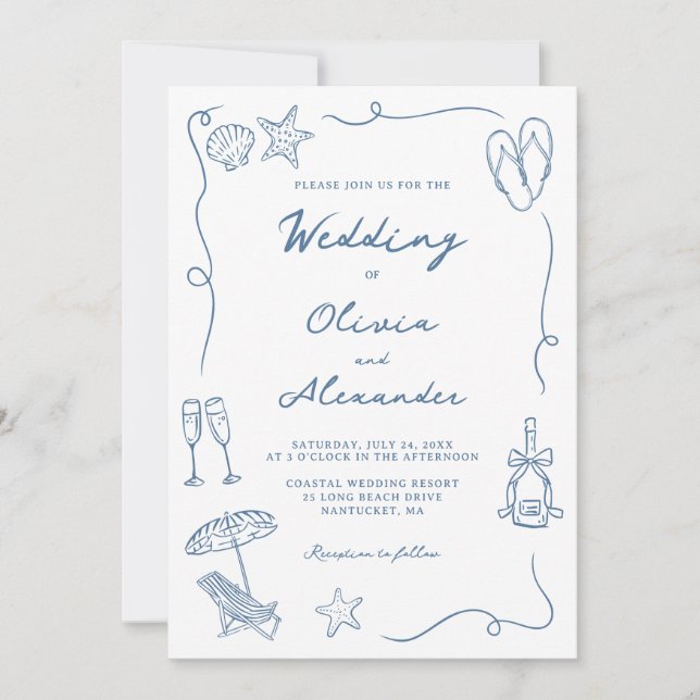 Whimsical Hand Drawn Coastal Blue Beach Wedding Inbjudningar (Framsida)
