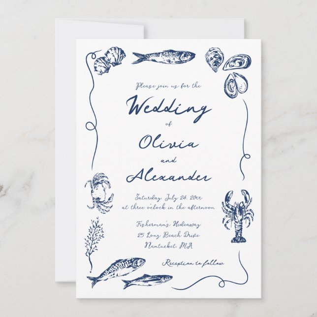 Whimsical Hand Drawn Coastal Navy Blue Wedding Inbjudningar (Framsida)