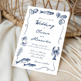 Whimsical Hand Drawn Coastal Navy Blue Wedding Inbjudningar