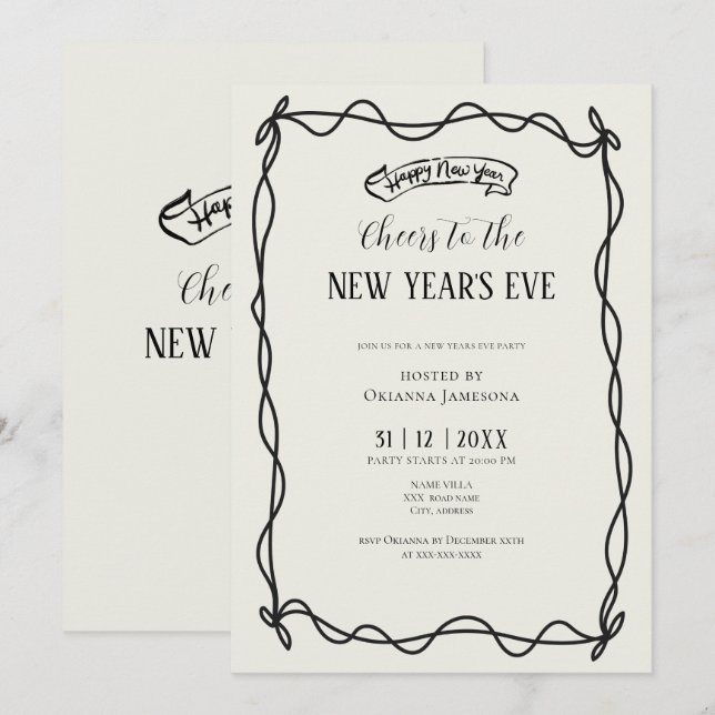 Whimsical Hand Drawn Coquette New Years Eve Party Inbjudningar (Fram/baksida)