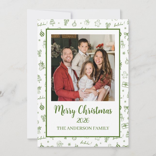 Whimsical Hand Drawn Doodle Green Julkort (Framsida)