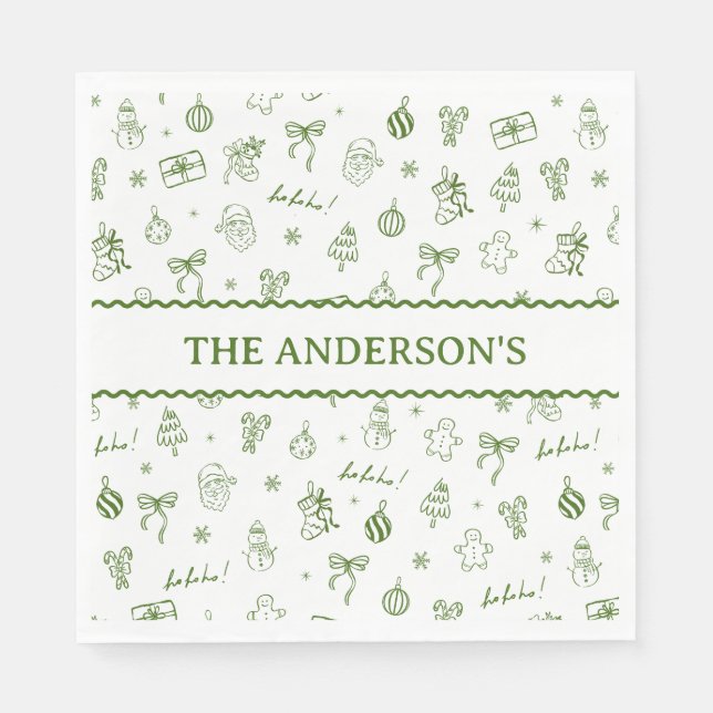 Whimsical Hand Drawn Doodle Green Pappersservett (Framsidan)