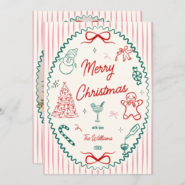 Whimsical Hand Drawn Doodles Christmas Photo  Julkort (Fram/baksida)