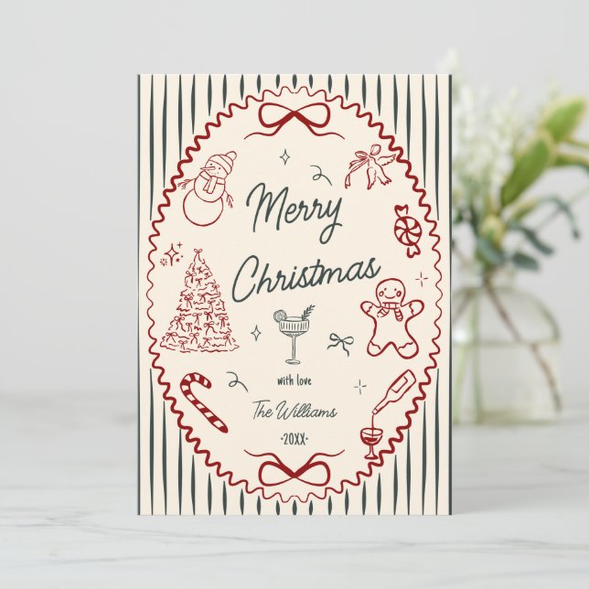 Whimsical Hand Drawn Doodles Christmas Photo Julkort (Stående Fram)