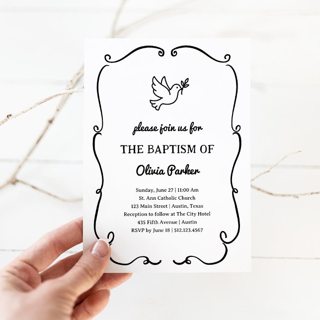Whimsical Hand-Drawn Dove | Baptism Inbjudningar (Skapare uppladdad)