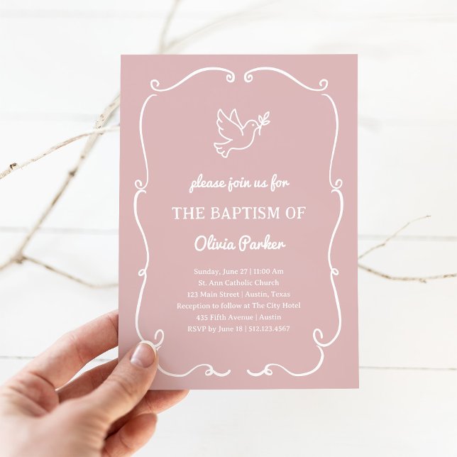 Whimsical Hand-Drawn Dove Pink | Baptism Inbjudningar (Skapare uppladdad)