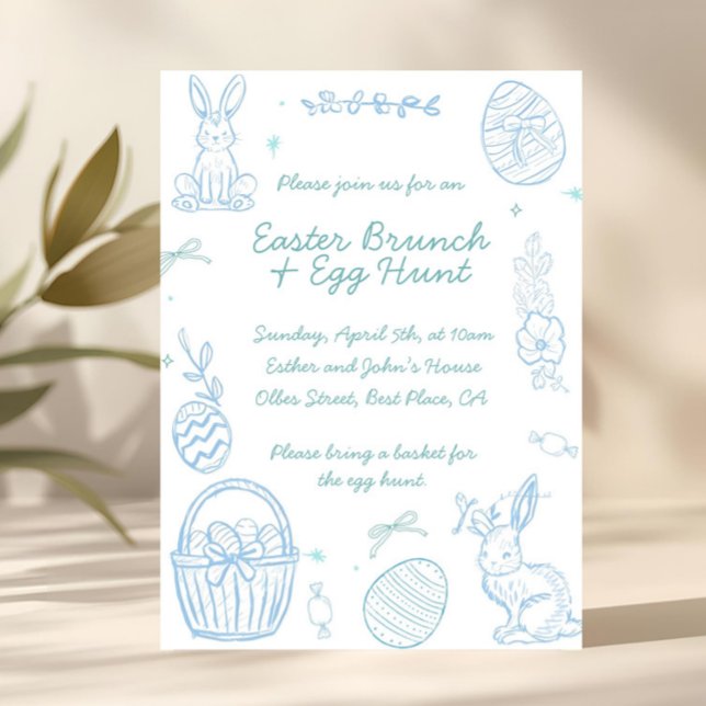 Whimsical Hand drawn Easter Brunch & Egg Hunt Inbjudningar (hand drawn easter, minimalist easter invitation, kids easter party, family easter brunch, spring par)