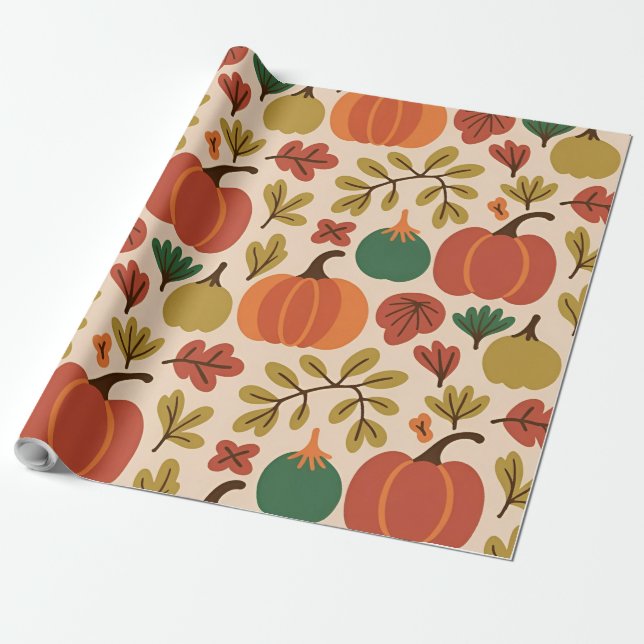 Whimsical Hand Drawn Fall Halloween Pumpkin Seamle Presentpapper (Utrullad)