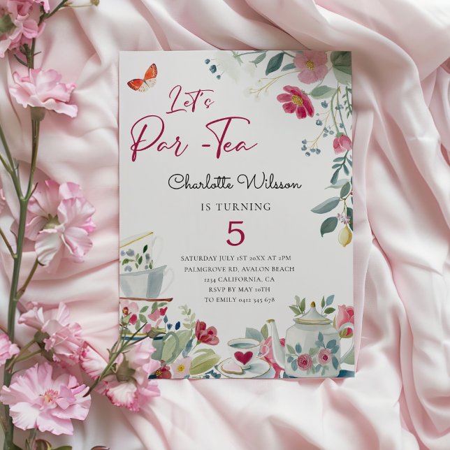 Whimsical hand-drawn floral Tea Party Birthday Inbjudningar (Whimsical hand-drawn tea Party Birthday Invitationin charming Dolce Vita style )