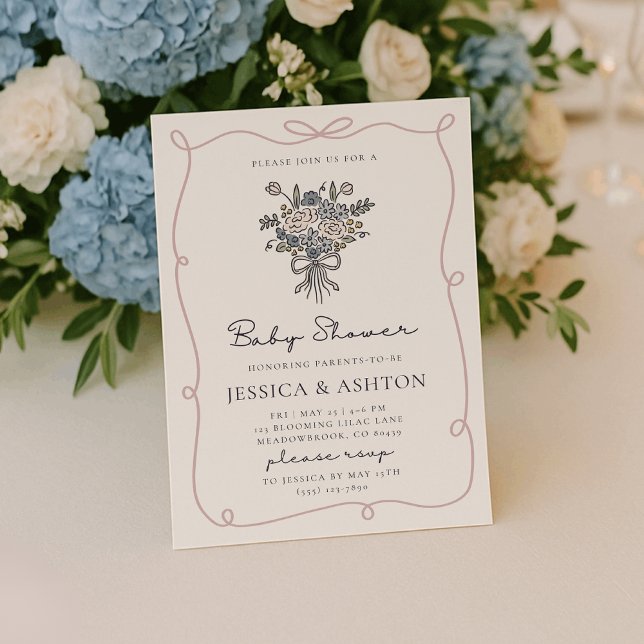 Whimsical hand-drawn flowers and frame baby shower inbjudningar (Skapare uppladdad)