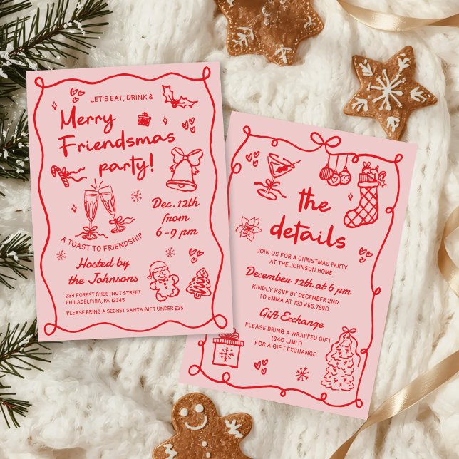 Whimsical Hand Drawn Friendsmas Christmas Party Inbjudningar (Skapare uppladdad)