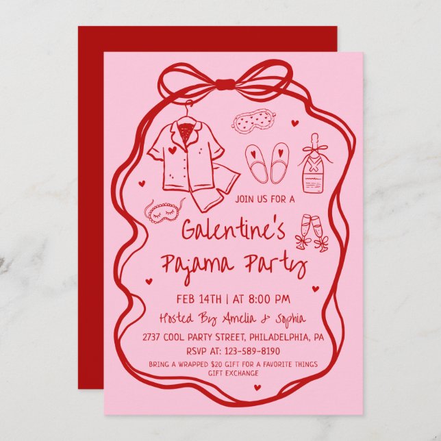 Whimsical Hand Drawn Galentine's Pajama Party  Inbjudningar (Fram/baksida)