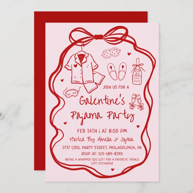 Whimsical Hand Drawn Galentine's Pajama Party  Inbjudningar (Fram/baksida)