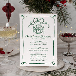Whimsical Hand-Drawn Green Bow Christmas Dinner Meny