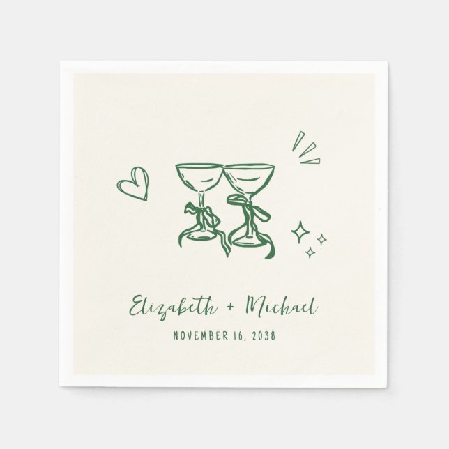 Whimsical Hand Drawn Green Cream Wedding Pappersservett (Framsidan)