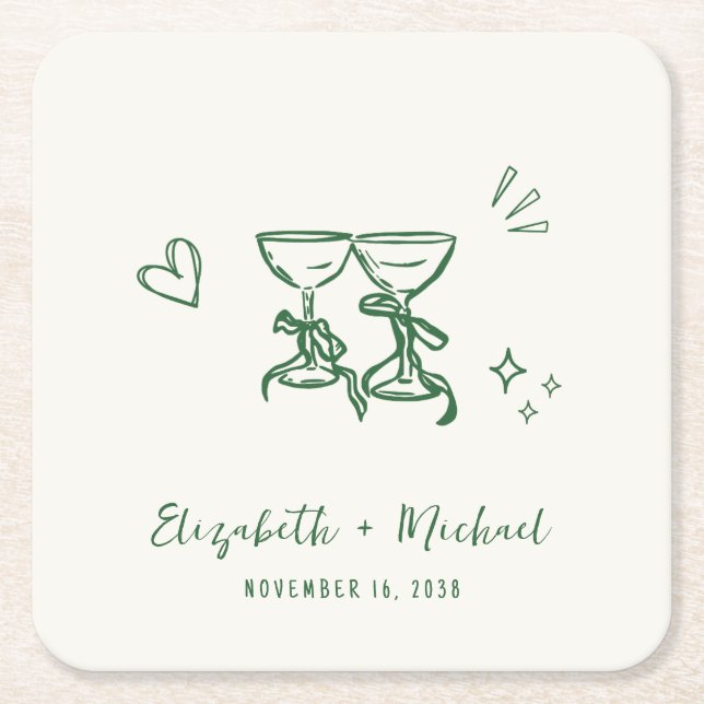 Whimsical Hand Drawn Green Cream Wedding Underlägg Papper Kvadrat (Framsidan)