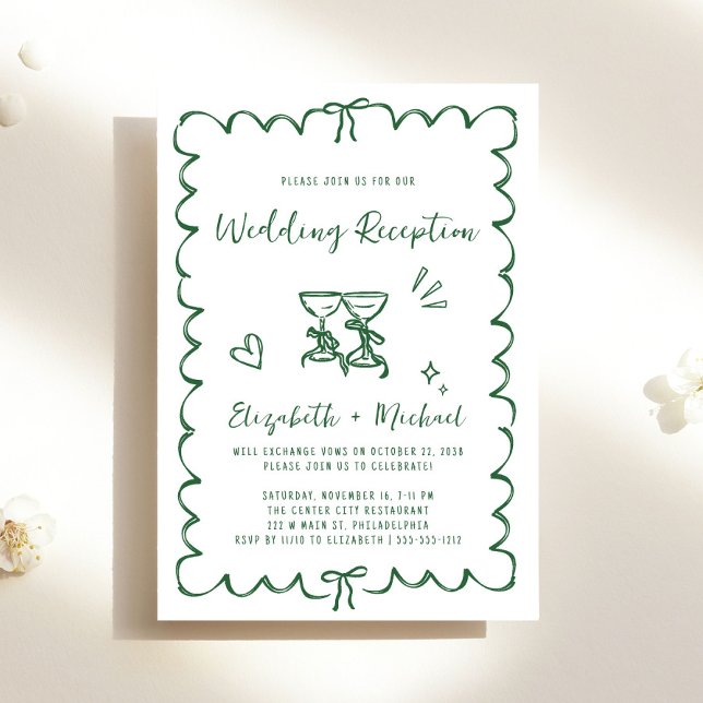 Whimsical Hand Drawn Green Wedding Reception Inbjudningar (Whimsical Hand Drawn Green Wedding Reception Invitation)