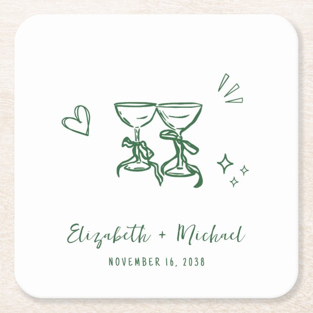 Whimsical Hand Drawn Green Wine Glasses Wedding Underlägg Papper Kvadrat (Framsidan)