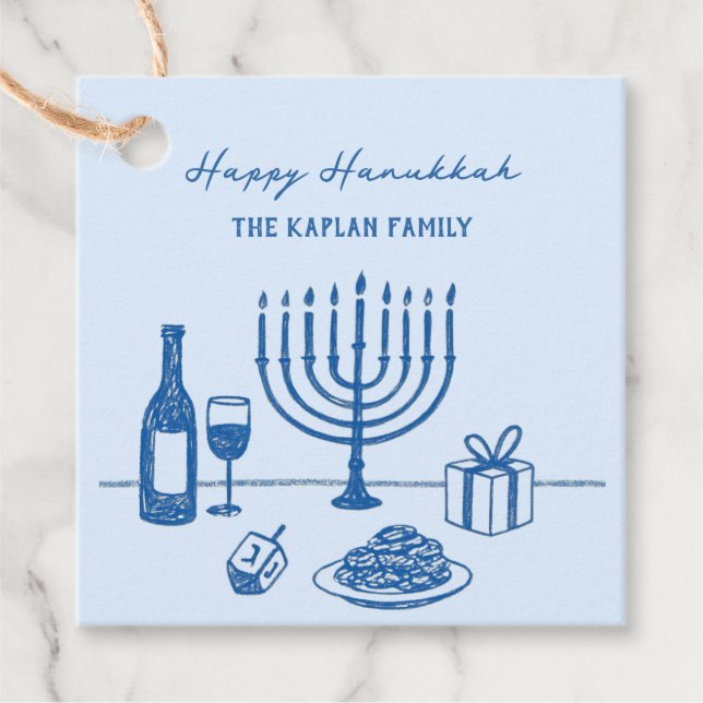 Whimsical Hand Drawn Hanukkah Party Trendy Custom Gåvor Etiketter (Framsida)
