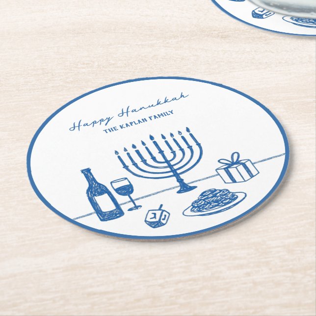 Whimsical Hand Drawn Hanukkah Party Trendy Custom Underlägg Papper Rund (Vinklad)