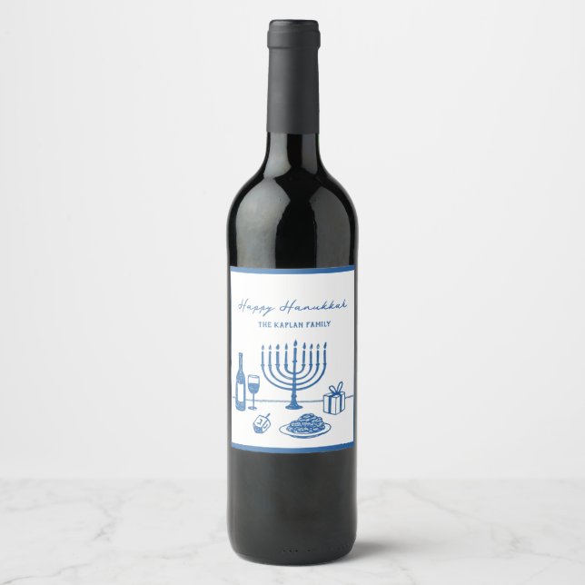 Whimsical Hand Drawn Hanukkah Party Trendy Custom Vinflaska Etikett (Framsida)