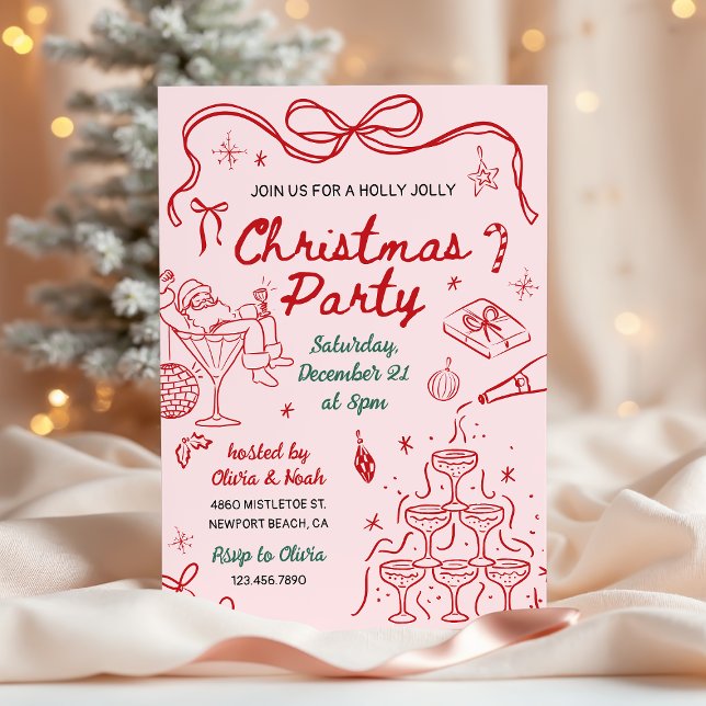 Whimsical Hand Drawn Holly Jolly Christmas Party Inbjudningar (Skapare uppladdad)