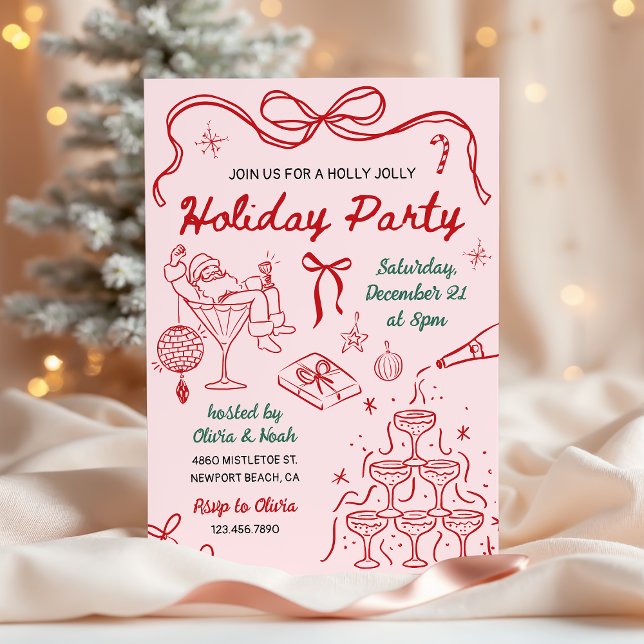 Whimsical Hand Drawn Holly Jolly Holiday Party Inbjudningar (Skapare uppladdad)