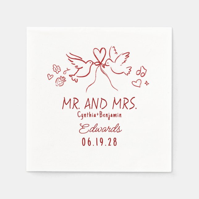 Whimsical Hand Drawn Love Birds Wedding Napkins Pappersservett (Framsidan)
