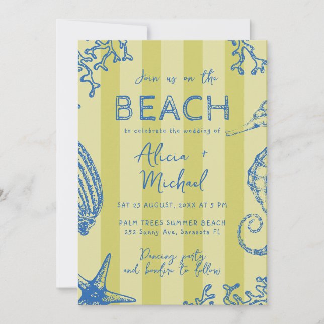 Whimsical hand drawn nautical coastal wedding  inbjudningar (Framsida)