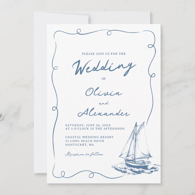 Whimsical Hand Drawn Nautical Sailboat Wedding Inbjudningar (Framsida)