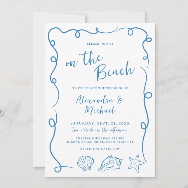 Whimsical Hand Drawn On the Beach Wedding Inbjudningar (Framsida)