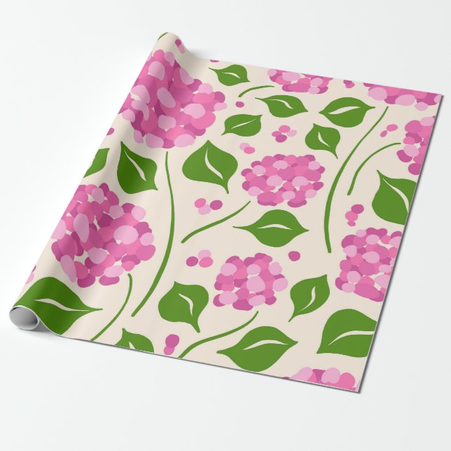 Whimsical Hand-Drawn Pink Hydrangea Botanical Presentpapper (Utrullad)