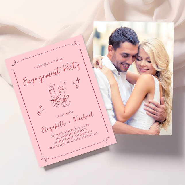 Whimsical Hand Drawn Pink Red Engagement Party Inbjudningar (Skapare uppladdad)
