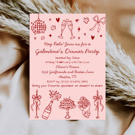 Whimsical Hand Drawn Pink Red Galentines Day Party Inbjudningar