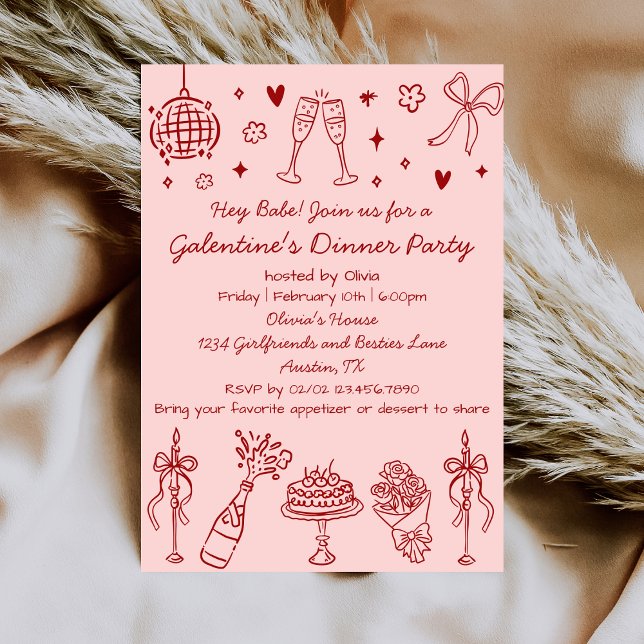 Whimsical Hand Drawn Pink Red Galentines Day Party Inbjudningar (Skapare uppladdad)