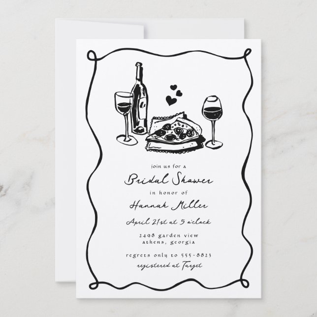 Whimsical Hand Drawn Pizza Wine Bridal Shower Inbjudningar (Framsida)