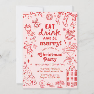 Whimsical Hand Drawn Red and Pink Christmas Party Inbjudningar