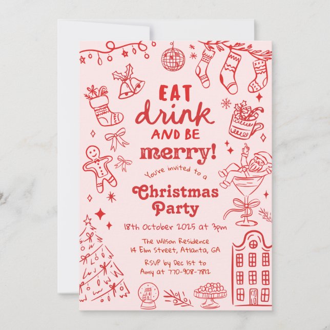 Whimsical Hand Drawn Red and Pink Christmas Party Inbjudningar (Framsida)