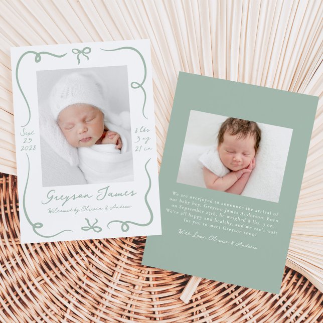 Whimsical Hand Drawn Sage Grönt Bows 2 Photo Birth Meddelande (Skapare uppladdad)