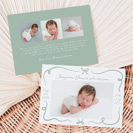 Whimsical Hand Drawn Sage Grönt Bows 4 Photo Birth Meddelande