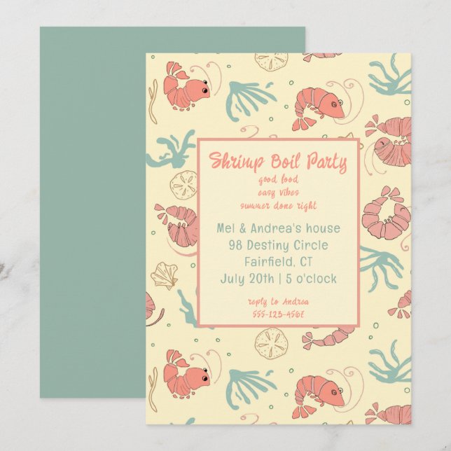 Whimsical Hand Drawn Shrimp Summer Party Inbjudningar (Fram/baksida)