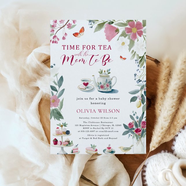 Whimsical Hand Drawn Tea Party Baby Shower Inbjudningar (Time for Tea with the Mom-to-Be – Whimsical Hand-Drawn Tea Party Baby Shower Invitation)