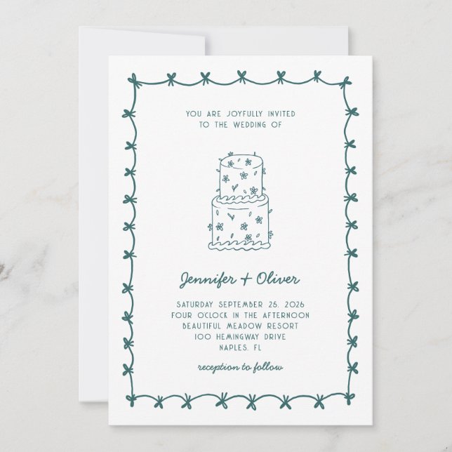 Whimsical Hand Drawn Wedding Cake Teal Inbjudningar (Framsida)