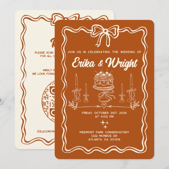 Whimsical Hand Drawn Wedding Invitation Cute Bows Inbjudningar (Fram/baksida)