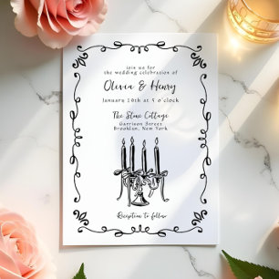 Whimsical Hand Lettered Bow Candelabra Bröllop Inbjudningar