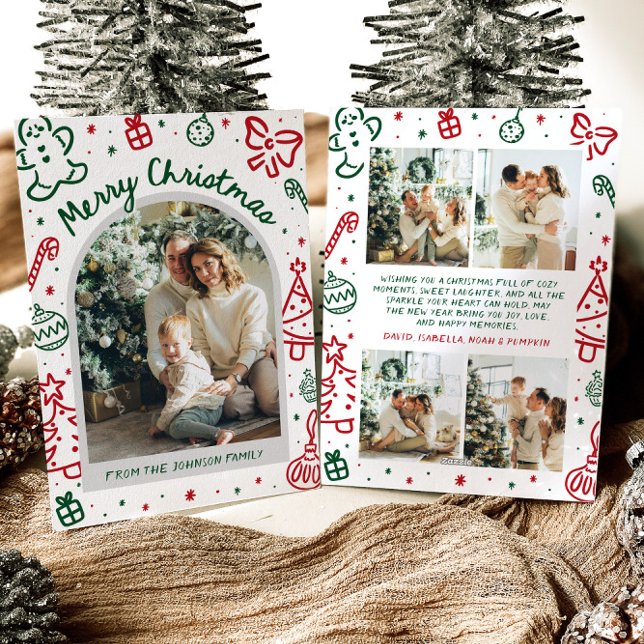 Whimsical Hand plockade Arch Photo God jul Julkort (Whimsical Hand Drawn Arch Photo Merry Christmas Holiday Card)