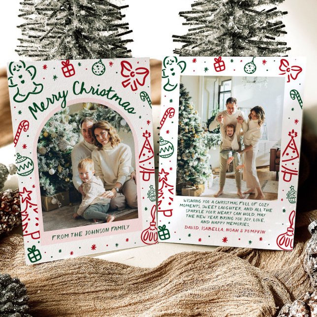 Whimsical Hand plockade Arch Photo God jul Julkort (Whimsical Hand Drawn Arch Photo Merry Christmas Holiday Card)